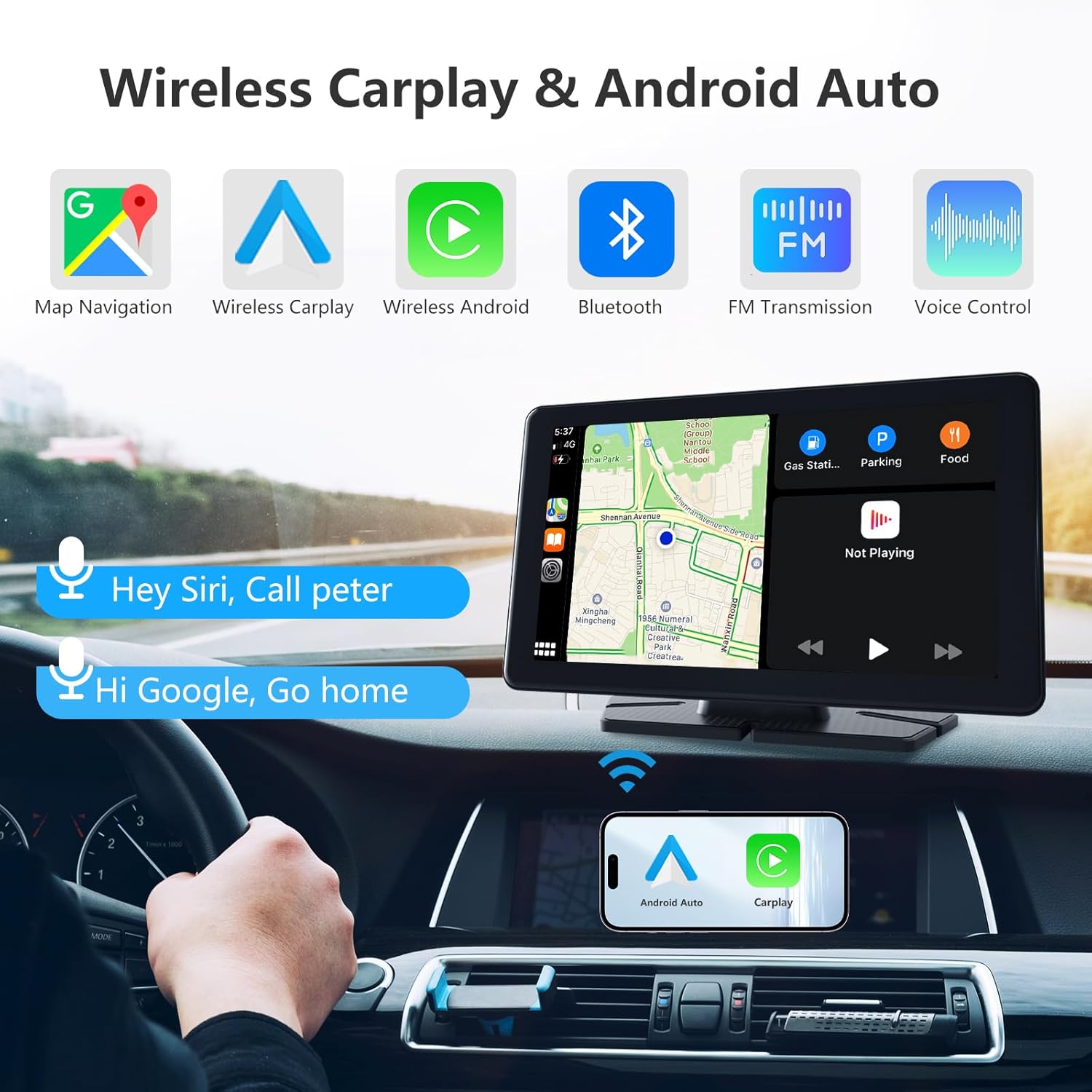 7 Inch Carplay Screen for Car with Wireless Apple Carplay & Android Auto, GPS Navigation, Backup Camera, Mirror Link, Bluetooth, AUX, FM, Siri, Voice Control for All Vehicles