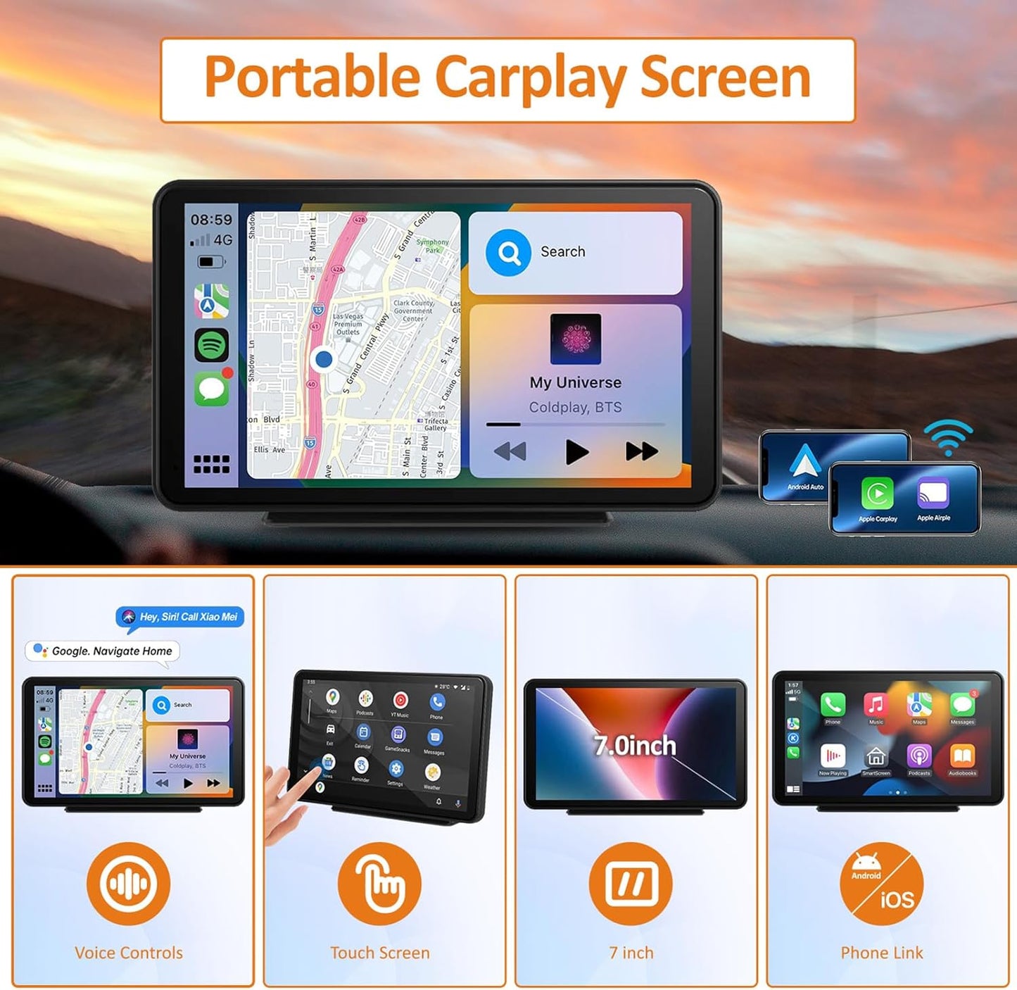 Portable Apple Carplay Screen for Car, Wireless Android Auto Stereo, Easy Install 7 Inch IPS Touch Screen Car Play Adapter, GPS Navigation, Car Audio Receivers Bluetooth, Mirror Link for All Cars